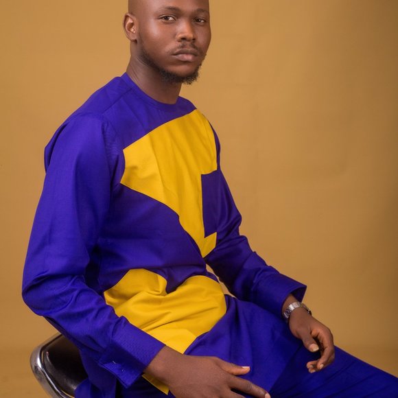 blue yellow bazin african men's suit - Picture 4 of 5